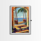 Swing Ocean, Tropical, Archway, Framed Canvas Print, Beach retreat wall art, vibrant tropical decor, Bedroom or Bathroom Wall Art