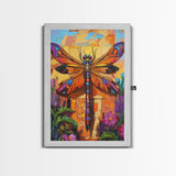 Dragonfly Floral, Bold, Nature, Framed Canvas Print, Boho dragonfly wall art, vivid nature insect painting, Bathroom or Entryway Art