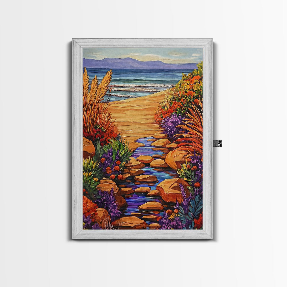 Path Ocean, Flowers, Shoreline, Framed Canvas Print, Bright coastal landscape, colorful wildflower path, Bathroom or Entryway Wall Art