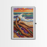 Driftwood Waves, Beach, Sunset, Framed Canvas Print, Coastal stormy beach scene, textured seascape painting, Nautical Bathroom Wall Art
