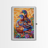 Ducks Colorful, Whimsical, Pair, Framed Canvas Print, Animal couple wall art, farmhouse nursery artwork, folk style bird painting