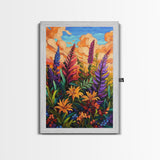 Vibrant Autumn, Blooms, Landscape, Framed Canvas Print, Bright Wildflower Artwork, Living Room Wall Art, Colorful Fall Floral Boho Painting