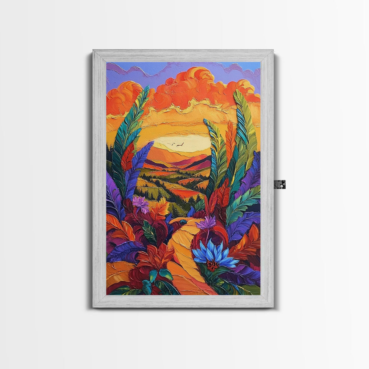 Bold Sunset, Path, Feathers, Canvas Print, Autumn Wall Art, Boho Nature Decor, Warm Colorful Hallway Art, Eclectic Landscape Painting