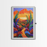 Bold Sunset, Path, Feathers, Canvas Print, Autumn Wall Art, Boho Nature Decor, Warm Colorful Hallway Art, Eclectic Landscape Painting