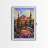 Mountain Forest, Wildflowers, Scenic, Framed Canvas Print, Nature Lover Gift, Cabin Decor, Rustic Living Room Art, Woodland Landscape