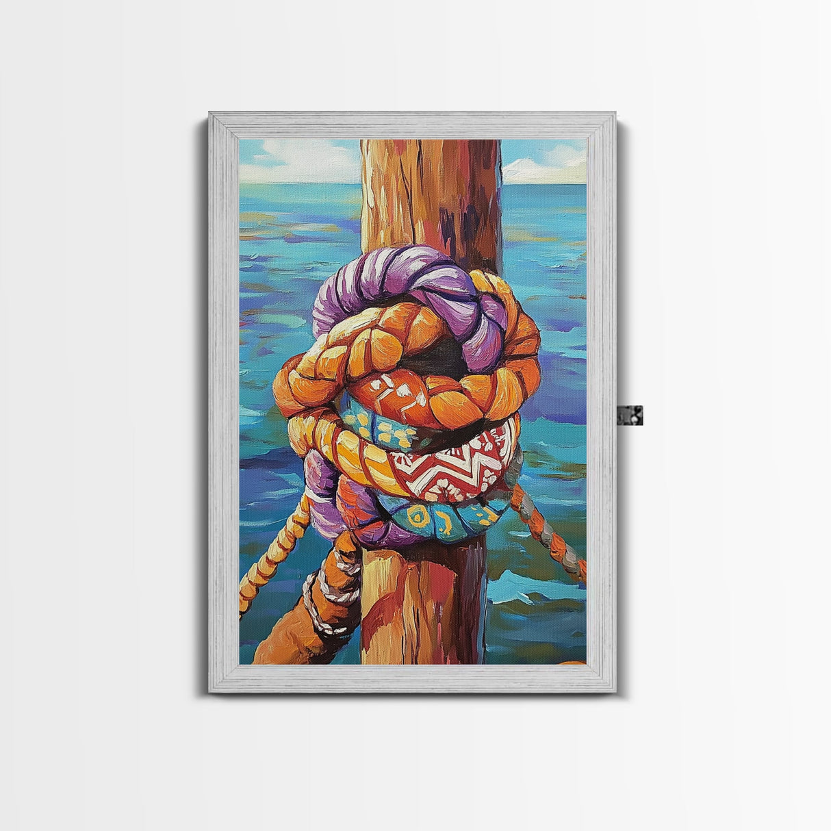 Nautical Knot, Dock, Ocean, Framed Canvas Print, Coastal Wall Art, Beach House Decor, Colorful Seaside Painting, Boat Lover Gift