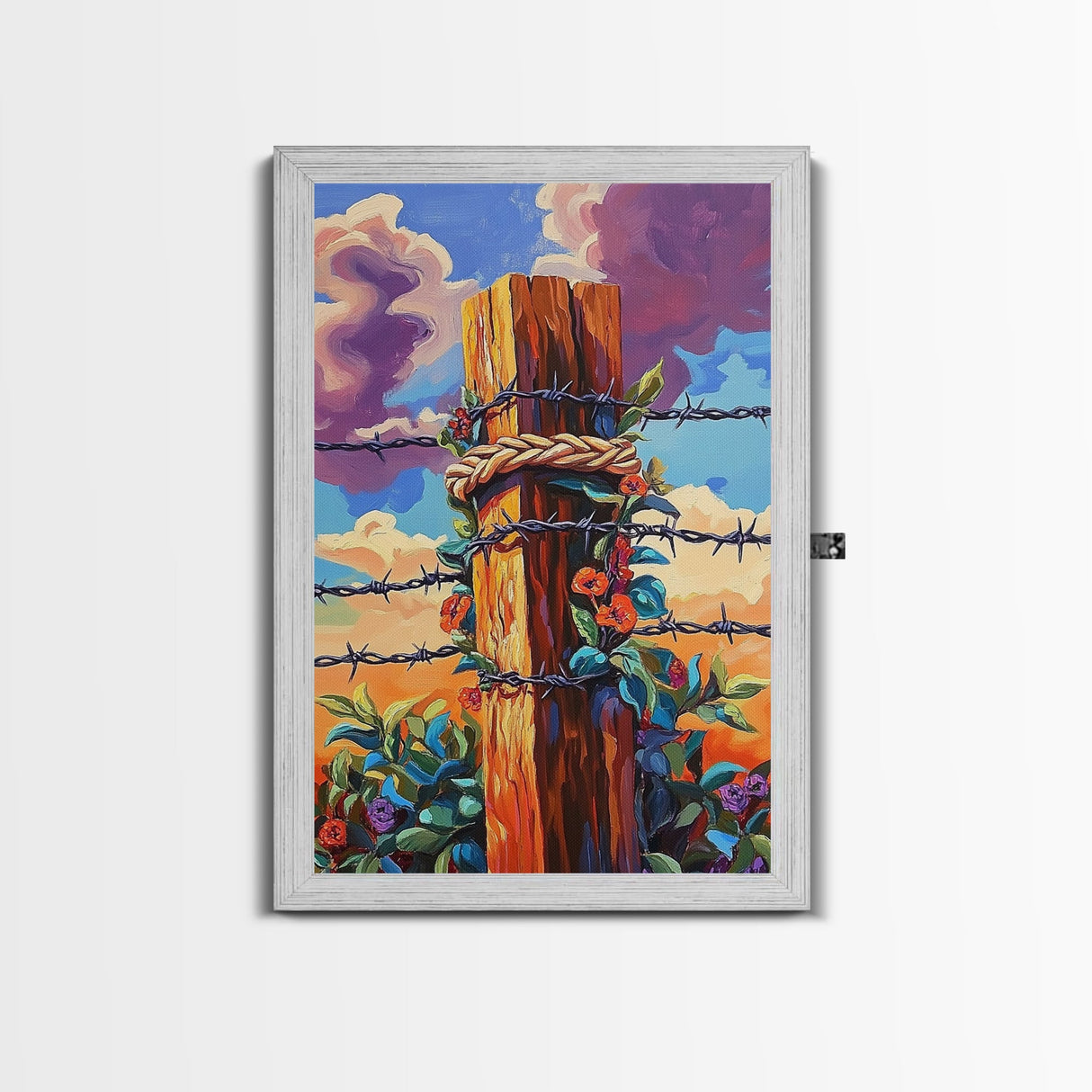 Fence Flowers, Sky, Bold, Framed Canvas Print, western barbed wire wall art, farmhouse boho style, sunset rustic decor, entryway or den