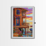 Tropical Sunset, House, Dock, Framed Canvas Print vibrant coastal house wall art, beach wall decor, sunset painting, tropical room decor