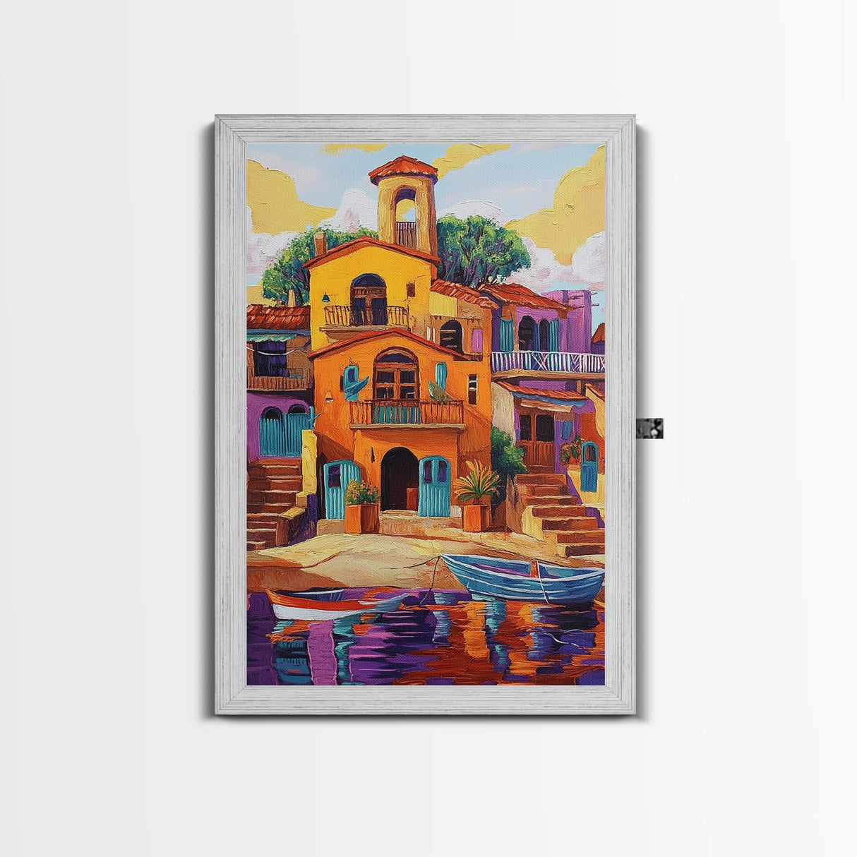 Village Boats, Reflections, Summer, Framed Canvas Print, coastal village wall art, Mediterranean canvas, kitchen decor, nautical rustic home
