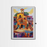 Village Boats, Reflections, Summer, Framed Canvas Print, coastal village wall art, Mediterranean canvas, kitchen decor, nautical rustic home