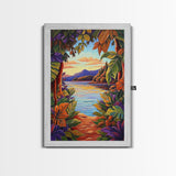 Tropical Lake, Sunset, Leaves, Canvas Print colorful tropical art, jungle boho decor, vibrant beach house wall art, exotic nature room print