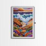 Ocean Rocks, Colorful, Framed Canvas Print, Coastal Sunset Wall Art, Bold Ocean Waves Decor, Living Room Statement Piece, Nature Art Print