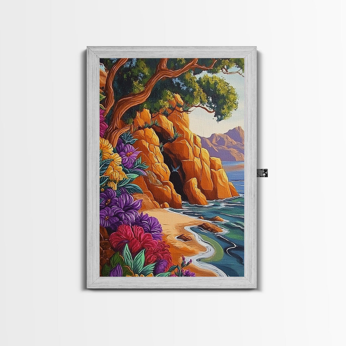 Cave Beach, Flowers, Framed Canvas Print, Coastal Landscape Wall Art, Colorful Boho Nature Decor, Living Room art, Office Wall Art