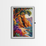 Cave Beach, Flowers, Framed Canvas Print, Coastal Landscape Wall Art, Colorful Boho Nature Decor, Living Room art, Office Wall Art