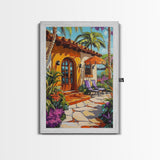 Villa Poolside, Palm, Paradise, Framed Canvas Print, tropical patio wall art, coastal Mediterranean decor, outdoor relaxation art, boho vibe