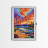Sunset Lake, Pathway, Dreamy, Framed Canvas Print vibrant sunset lake art, colorful sky and mountain scene, living room art, office boho decor