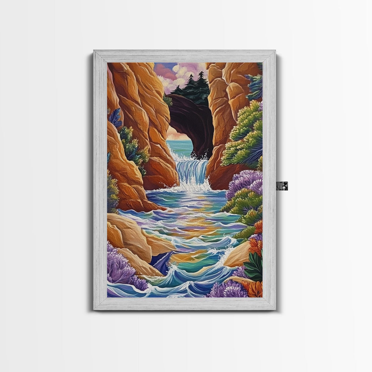 Waterfall Arch, Canyon, Coastal, Framed Canvas Print dramatic coastal waterfall painting, colorful canyon ocean view, nature boho decor