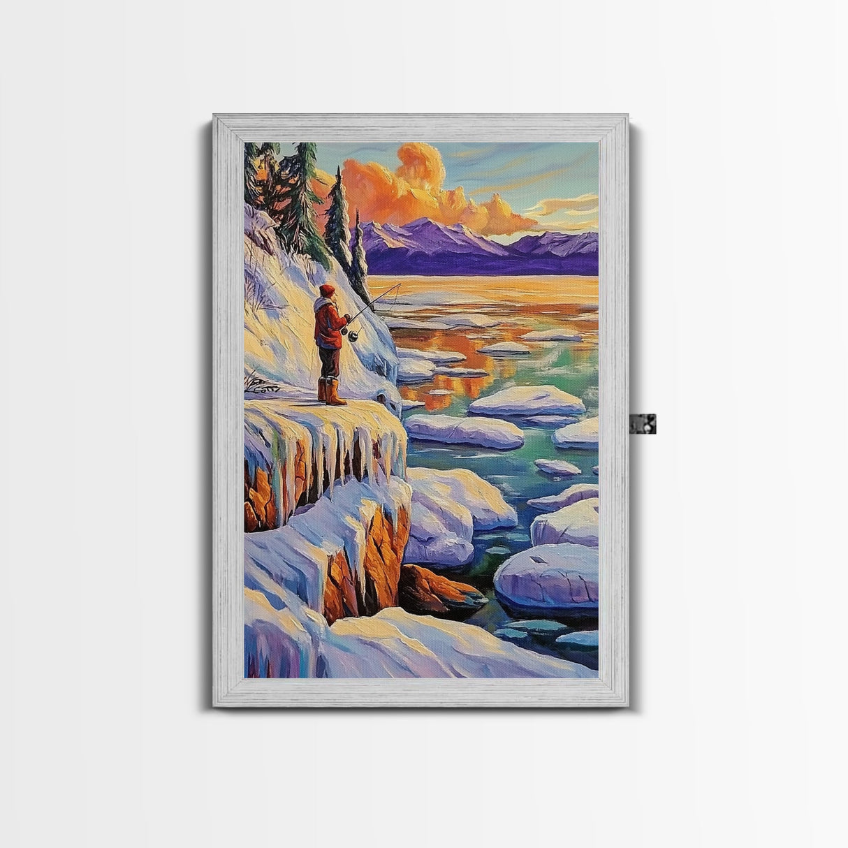 Winter Fishing, Snow, Landscape, Framed Canvas Print peaceful snowy fishing scene, winter mountain art, lodge or cabin living room wall decor
