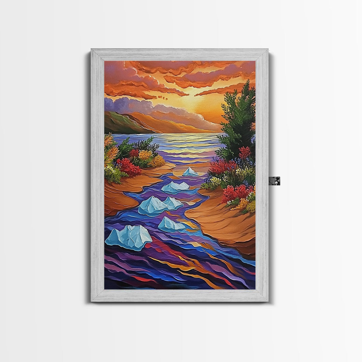 Icebergs River, Sunset, Autumn, Framed Canvas Print colorful autumn iceberg painting, vibrant sunset water flow, fall landscape wall art