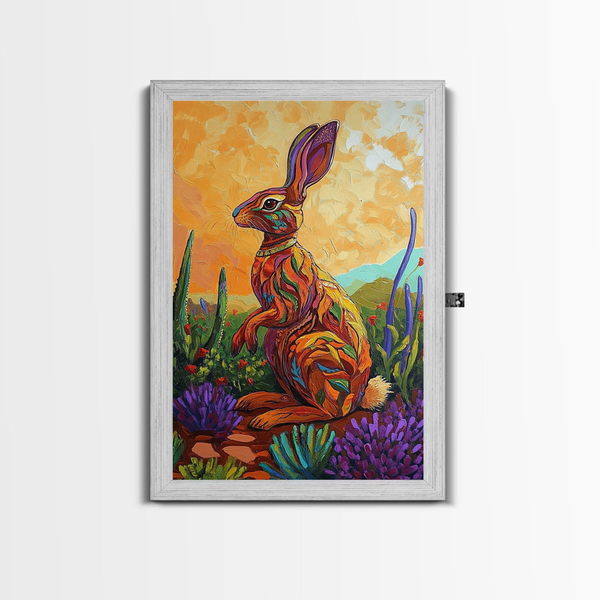 Bunny Cactus, Desert, Whimsical Framed Canvas Print, Eclectic Living Room Wall Art, Boho Southwest Decor, Colorful Animal Painting