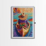 Hat River, Canoe, Bright Framed Canvas Print, Relaxing Boho Wall Art, Colorful Nature Lover Gift, Unique Summer Travel Vibes