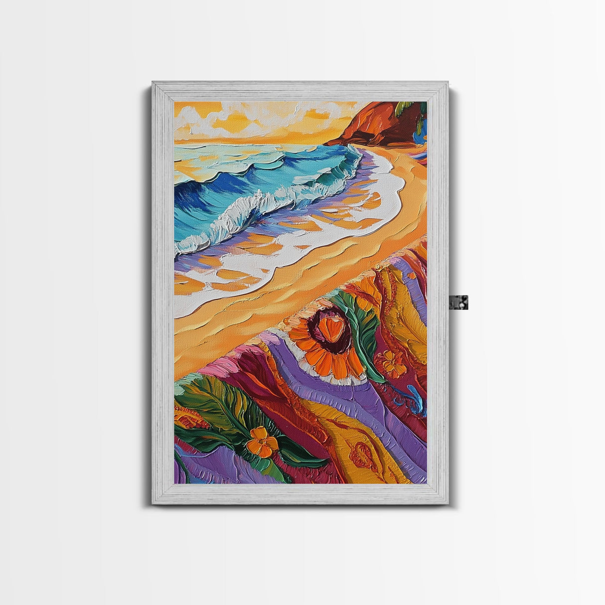 Shore Blanket, Waves, Golden, Canvas Print, tropical boho decor, beach sunset wall art, oceanview relaxation scene, summer bathroom decor
