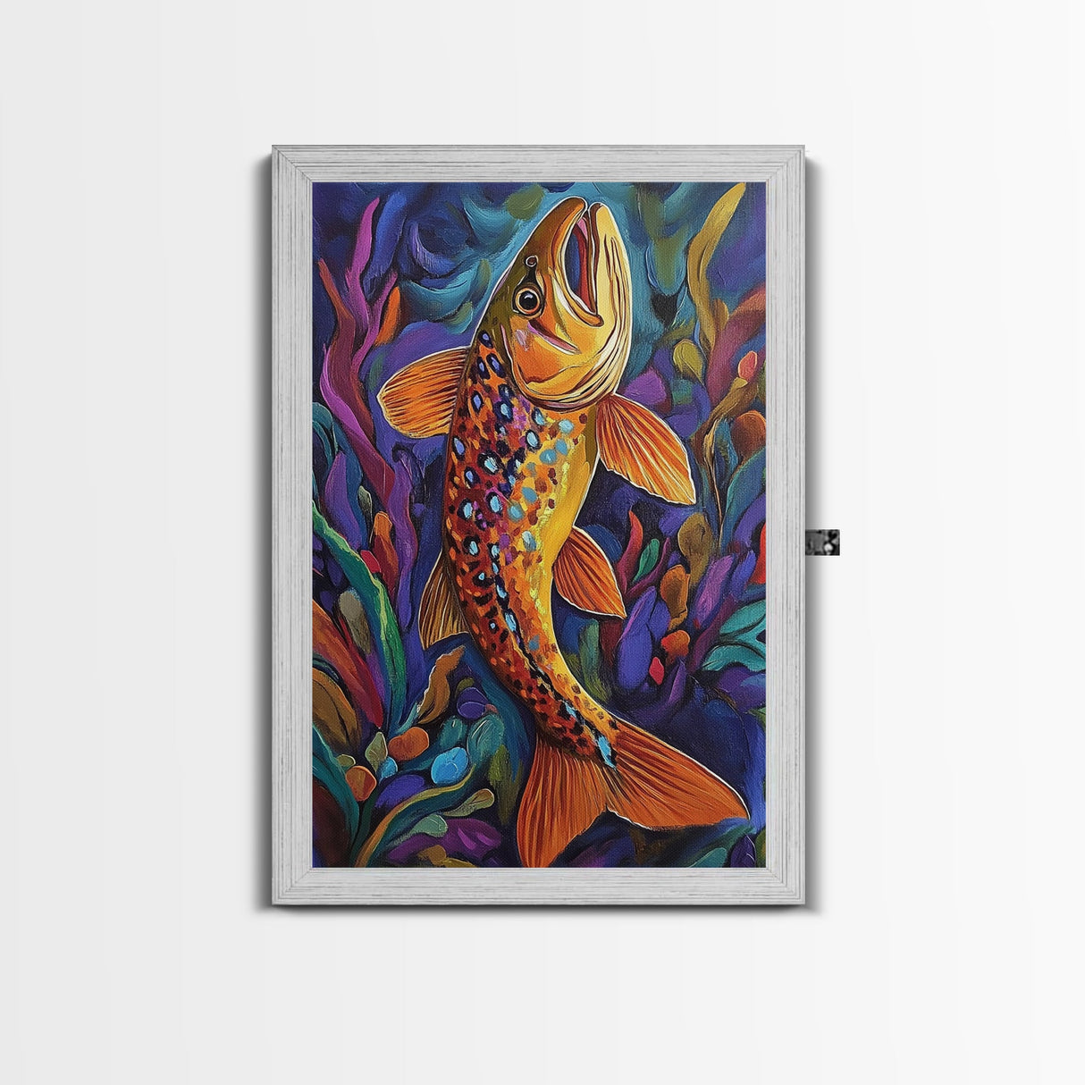 Trout Fish, Underwater, Nature, Framed Canvas Print, fishing cabin decor, wildlife art, nature lover gift, colorful lake house wall art