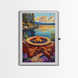 Firepit Chairs, Lake, Sunset, Framed Canvas Print, outdoor patio wall decor, rustic lakeside art, cozy fall cabin retreat artwork