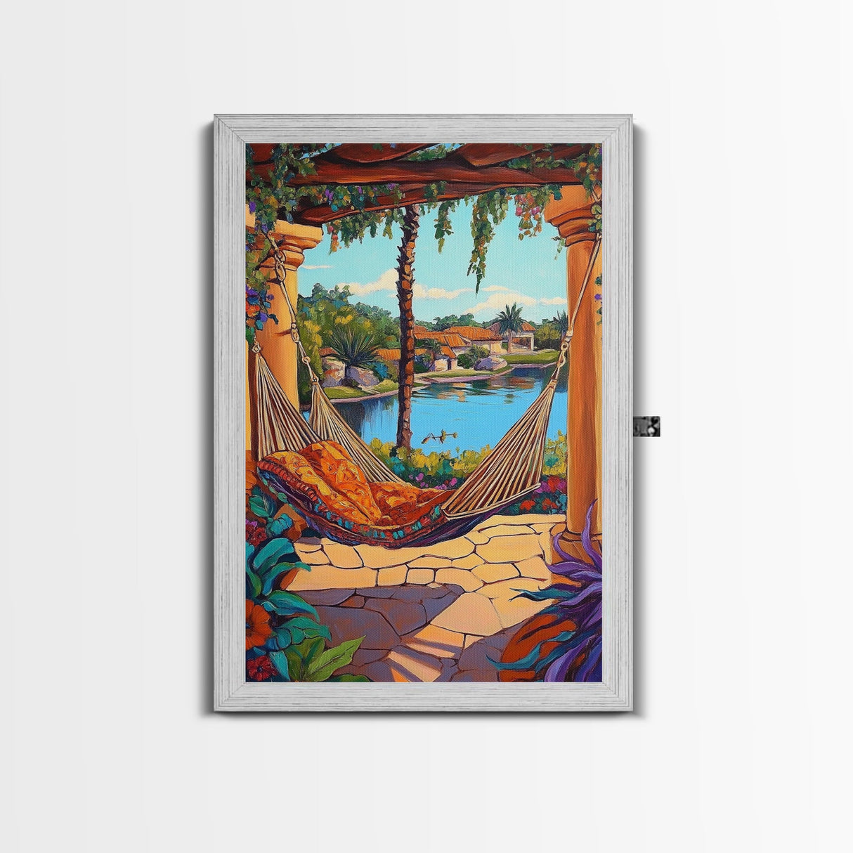 Hammock Patio, Relax, Lake, Framed Canvas Print, bohemian outdoor decor, tropical vacation art, summer patio vibe, living room wall art