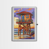 Lifeguard Ocean, Surf, Sunset, Framed Canvas Print, Vibrant Lifeguard Tower Canvas, Surf Shack Painting, Beach Wall Art, Living Room Accent