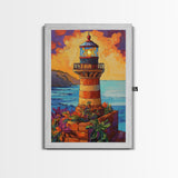 Lighthouse Ocean, Sunset, Boho, Framed Canvas Print, Lighthouse Wall Art, Coastal Decor, Nautical Sunset Canvas, Living Room Boho Artwork
