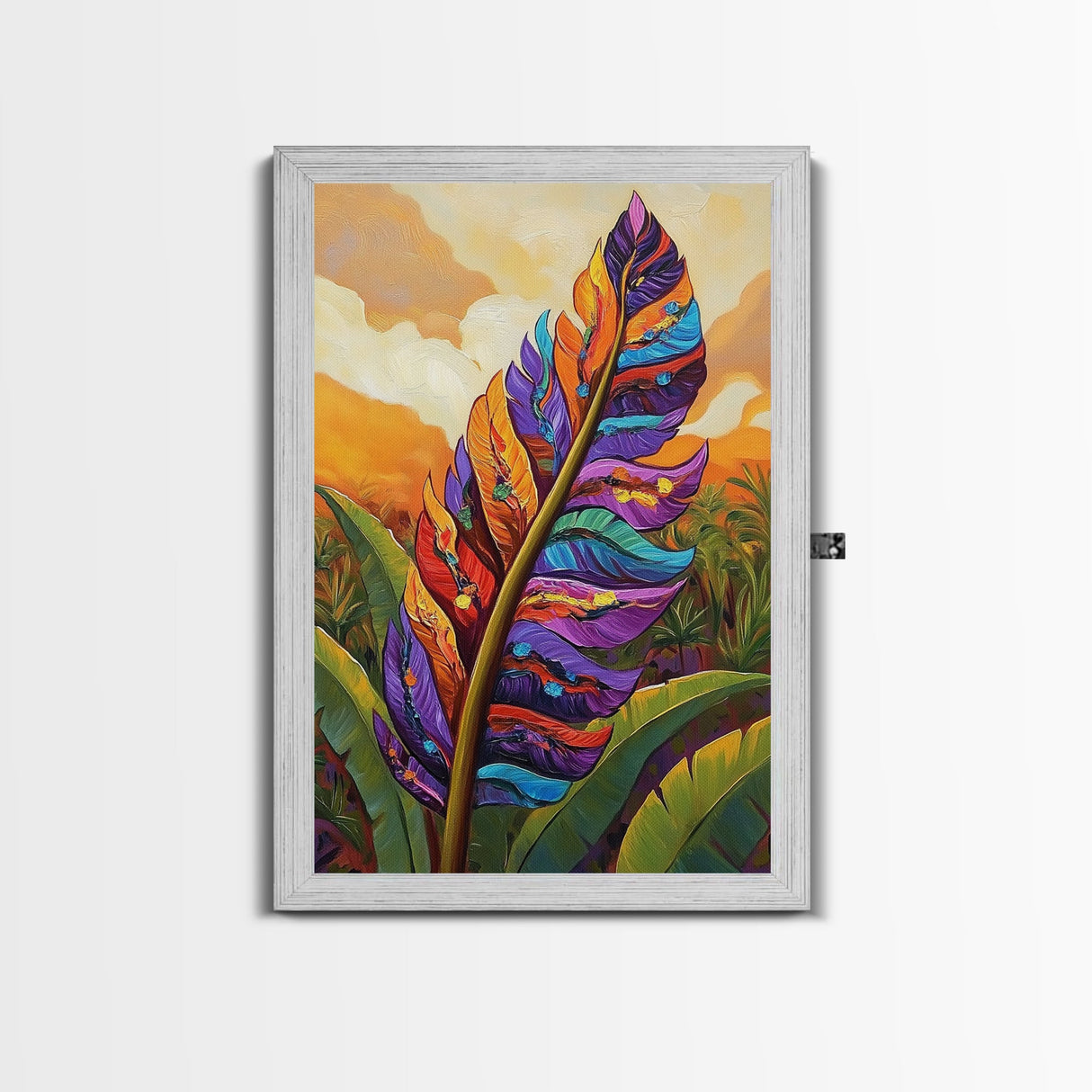 Tropical Feather, Sunset, Boho, Framed Canvas Print, Tropical Feather Wall Art, Sunset Jungle Decor, Boho Botanical Artwork, Bedroom Accent