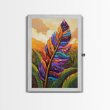 Tropical Feather, Sunset, Boho, Framed Canvas Print, Tropical Feather Wall Art, Sunset Jungle Decor, Boho Botanical Artwork, Bedroom Accent