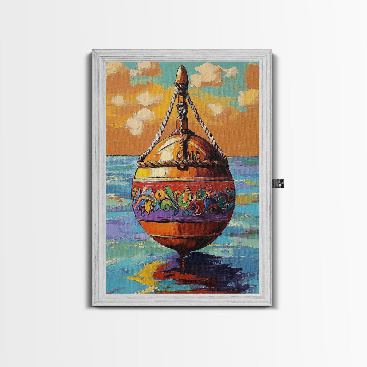 Buoy Sea, Sunset, Nautical Ocean Wall Art, Beach House Decor, Coastal Colorful Accent, Tropical Framed Canvas Print