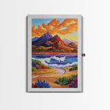 Mountain Coast, Sunset, Bold Desert Landscape Painting, Nature Adventure Art, Office Wall Decor, Framed Canvas Print