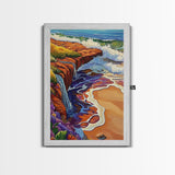 Waterfall Beach, Sunset, Coastal Landscape Framed Canvas Print, Colorful Ocean Wall Decor, Living Room Coastal Art, Seaside Painting