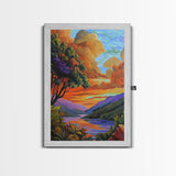 Sunset Lake, Tree, Vivid Nature Framed Canvas Print, Autumn Scenic Wall Art, Bedroom Fall Landscape Decor, Impressionist Style