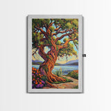 Majestic Tree, Lakeside, Sunset Canvas Print, Nature Lover’s Wall Art, Cabin Living Room Decor, Whimsical Landscape Painting