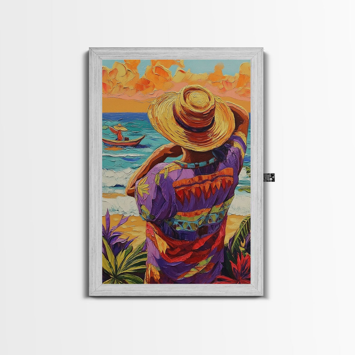 Seaside Man, Sunset, Framed Canvas Print, Vibrant beach artwork, coastal boho decor, hallway wall art, Mexico travel scene painting