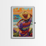 Seaside Man, Sunset, Framed Canvas Print, Vibrant beach artwork, coastal boho decor, hallway wall art, Mexico travel scene painting