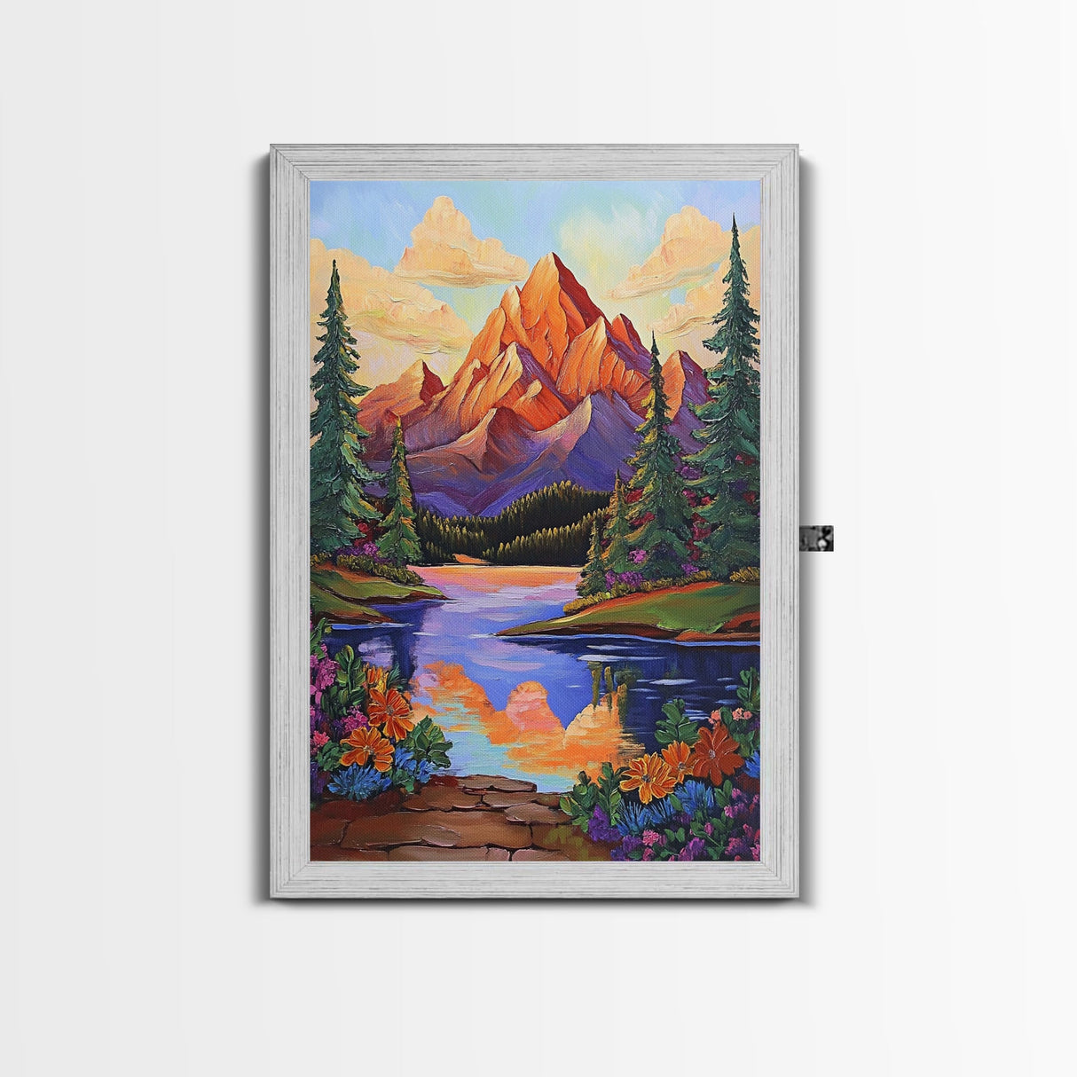 Mountain Sunset, Floral, Lakeview Framed Canvas Print, Bold Nature Landscape, Entryway Autumn Art, Vibrant Boho Wall Decor