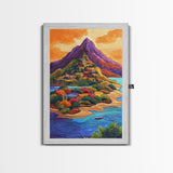 Mountain Village, Sunset, Adventure, Framed Canvas Print, Bright Landscape Wall Art, Colorful Home Decor, Eclectic Living Room Art