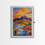 Sunset River, Mountain, Scenic, Framed Canvas Print, Bold Landscape Art, Modern Boho Wall Decor, Nature Scene Living Room Accent
