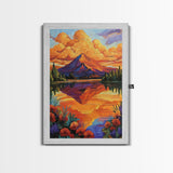 Mountain Reflection, Lake, Sunset, Framed Canvas Print, Vibrant Nature Wall Art, Rustic Cabin Decor, Bold Sunset Landscape Painting
