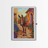 Donkey Village, Rustic, Whimsy, Framed Canvas Print, Southwestern Farmhouse Decor, Colorful Animal Wall Art, Entryway Accent Piece