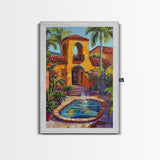 Spanish Fountain, Courtyard, Tropical, Framed Canvas Print, Vibrant Summer Wall Art, Hacienda Living Room Decor, Eclectic Boho Style