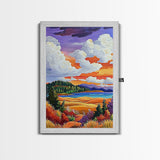 Autumn Fields Art, Colorful Fall Landscape, Cozy Sunset Decor, Nature Vibes Print, Framed Canvas Print, Bedroom Wall Art, rustic style
