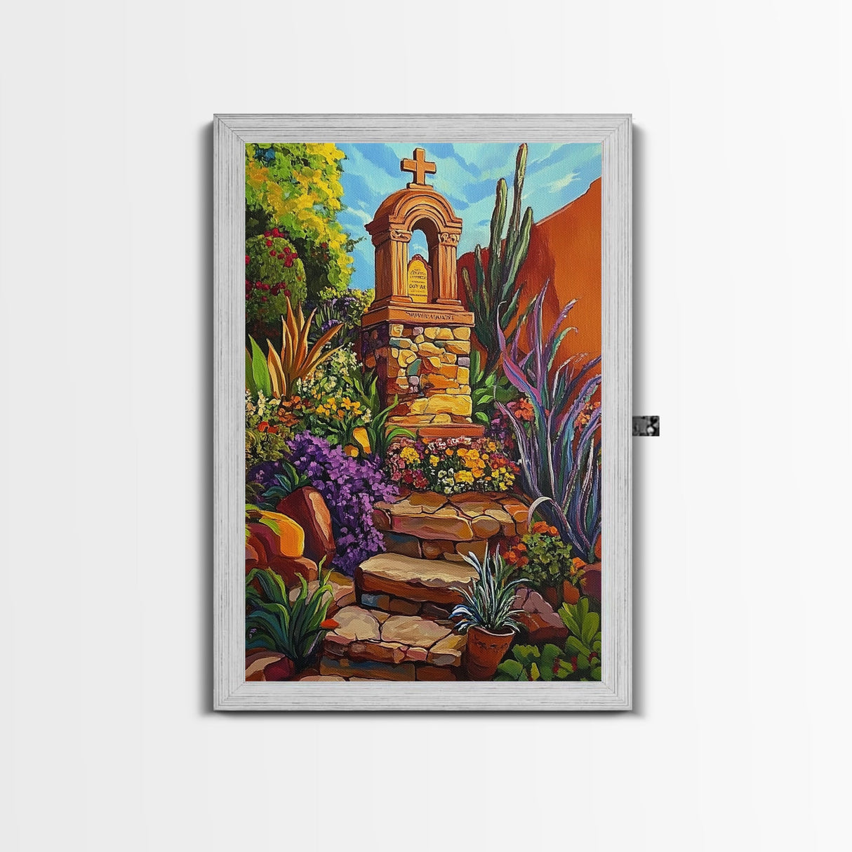 Garden Shrine, Stone Steps, Mission Style, Framed Canvas Print, colorful religious art, desert decor, boho rustic, Living Room Wall Art
