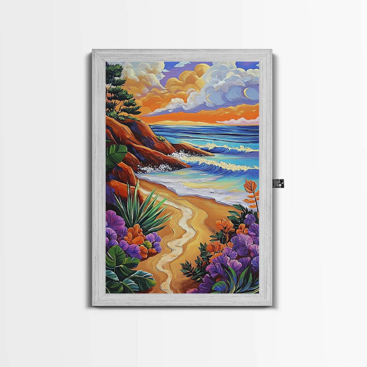 Coastal Sunset, Tropical Beach, Colorful Seascape, Ocean Art, Framed Canvas Print, Vibrant wall decor, Bathroom Wall Art, boho art