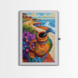 Ocean View, Rustic Charm, Colorful Pottery, Coastal Decor, Framed Canvas Print, Dining Room Wall Art, Mexican Folk Art, vibrant style